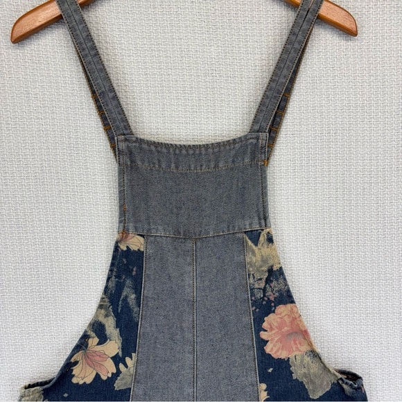 COWOKA Boho Floral Denim Bib Overalls Loose Wide Leg Jumpsuit Suspenders Small - Picture 7 of 13